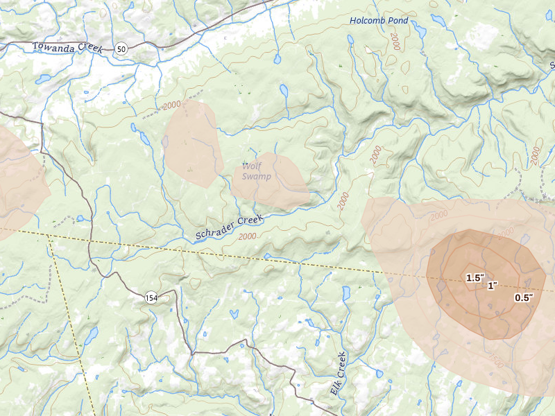 Radar-estimated hail-size map of the storm over Canton, PA on Jul 4, 2026