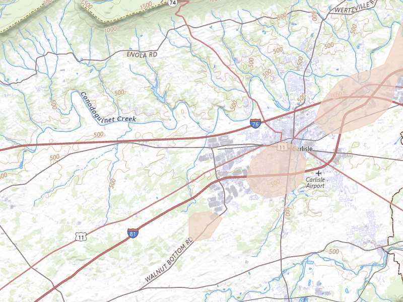 Radar-estimated hail-size map of the storm over Carlisle, PA on Jun 14, 2026