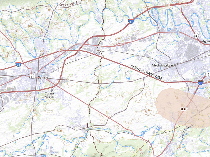 Radar-estimated hail-size map of the storm over Carlisle, PA on Jul 4, 2026