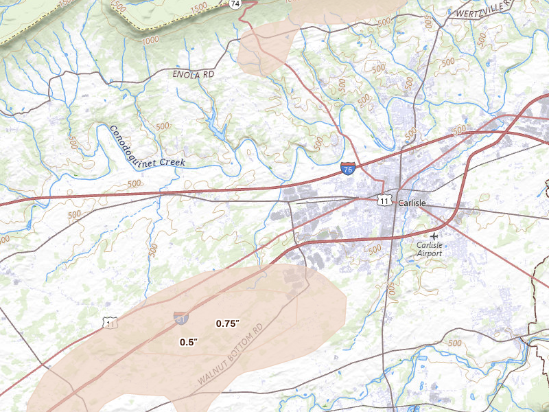 Radar-estimated hail-size map of the storm over Carlisle, PA on Jul 5, 2026