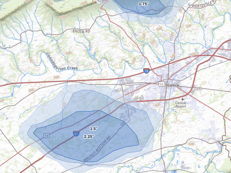 NEXRAD radar-signature map of the hail storm over Carlisle, PA on Jul 5, 2026