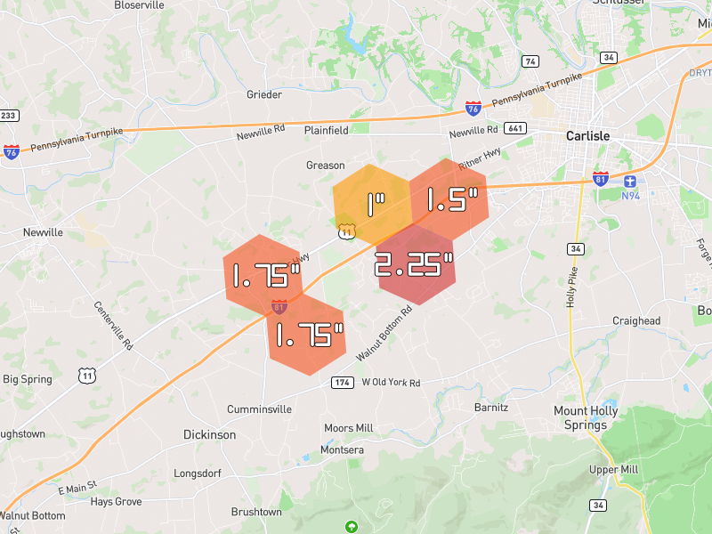 Hail map of Carlisle, PA on Jul 5, 2026, hail up to 2.25"
