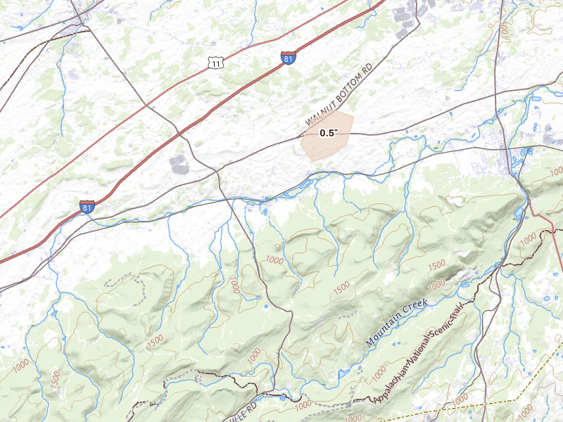 Radar-estimated hail-size map of the storm over Carlisle, PA on Aug 6, 2026
