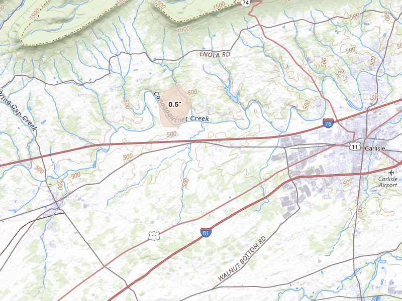 Radar-estimated hail-size map of the storm over Carlisle, PA on Aug 7, 2026
