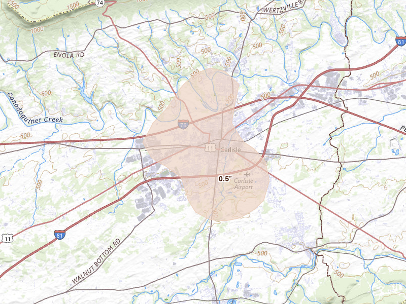 Radar-estimated hail-size map of the storm over Carlisle, PA on Sep 2, 2026