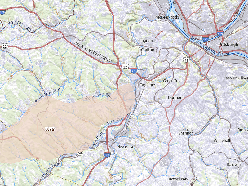 Radar-estimated hail-size map of the storm over Carnegie, PA on Jul 17, 2026