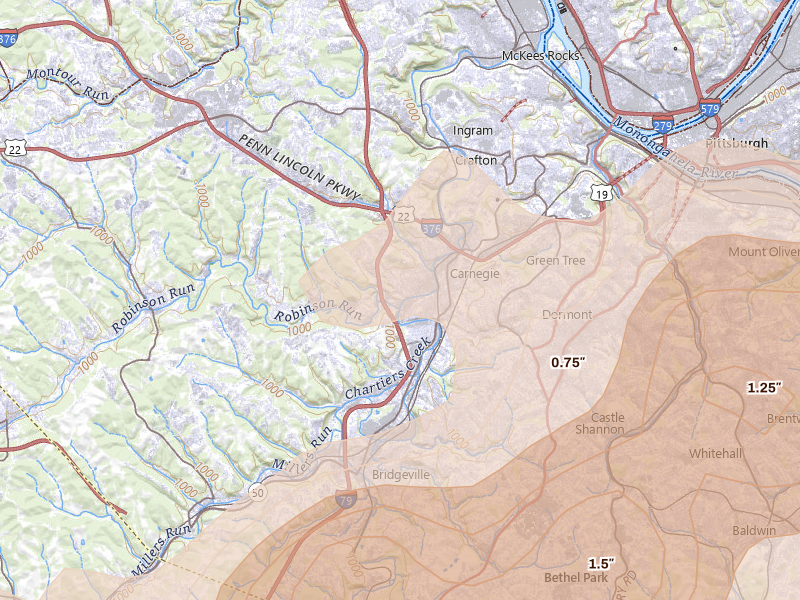 Radar-estimated hail-size map of the storm over Carnegie, PA