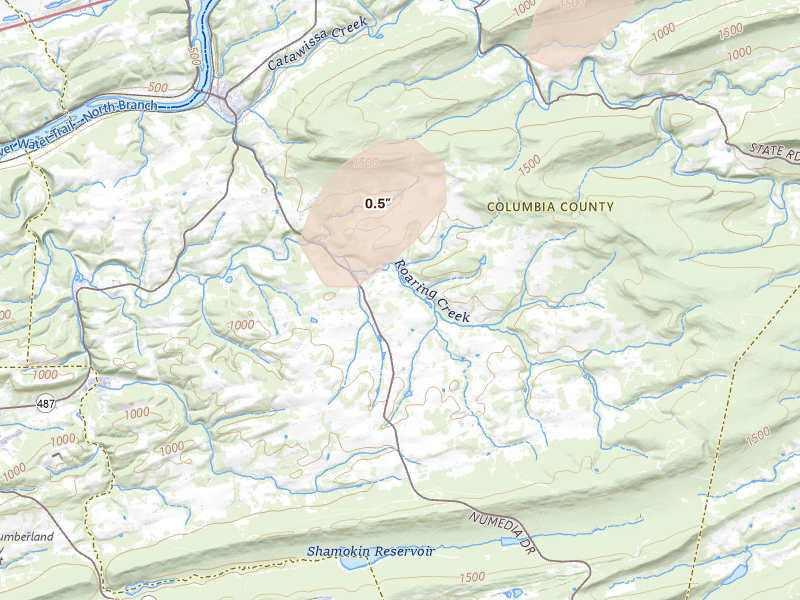 Radar-estimated hail-size map of the storm over Catawissa, PA on Aug 7, 2026