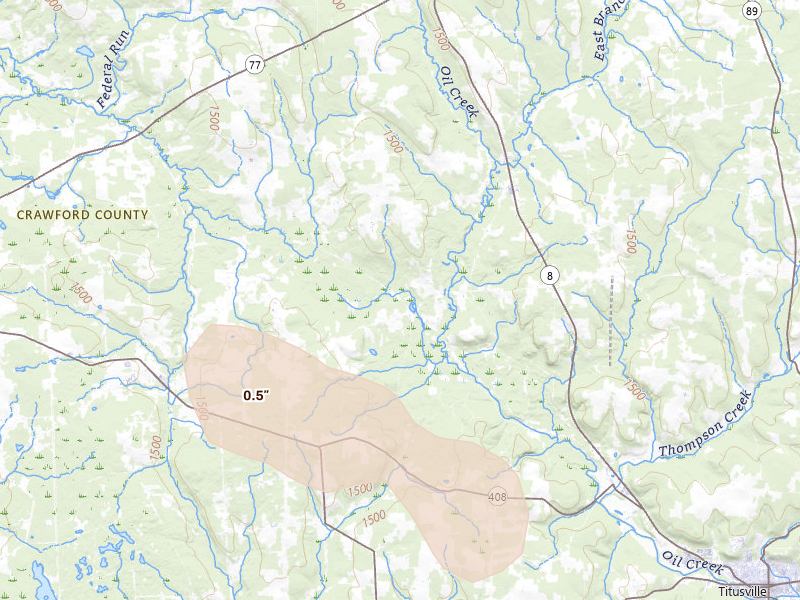 Radar-estimated hail-size map of the storm over Centerville, PA on Jul 21, 2026