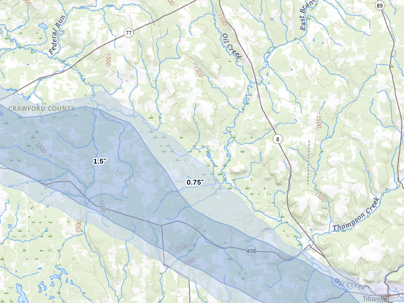 NEXRAD radar-signature map of the hail over Centerville, PA