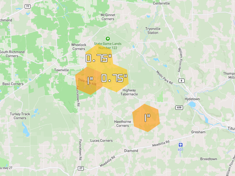Hail map of Centerville, PA on Jul 21, 2026, hail up to 1"