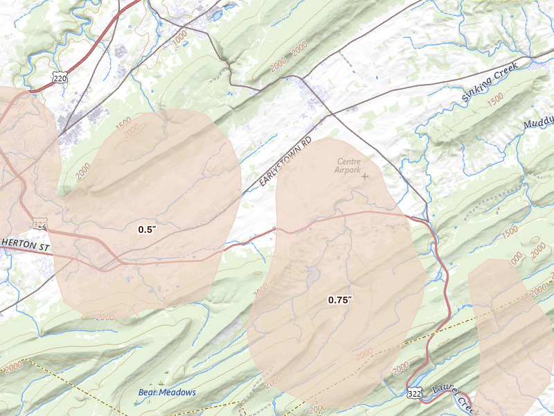 Radar-estimated hail-size map of the storm over Centre Hall, PA on Mar 22, 2026