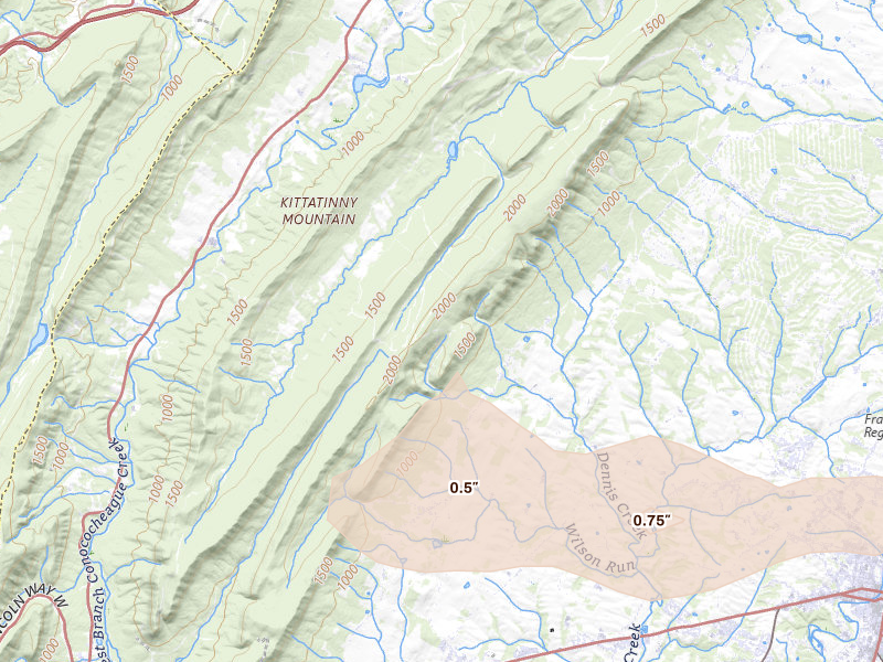 Radar-estimated hail-size map of the storm over Chambersburg, PA on Jun 6, 2026