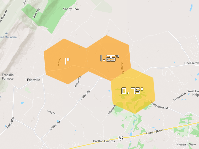 Hail map of Chambersburg, PA on Jun 6, 2026, hail up to 1.25"