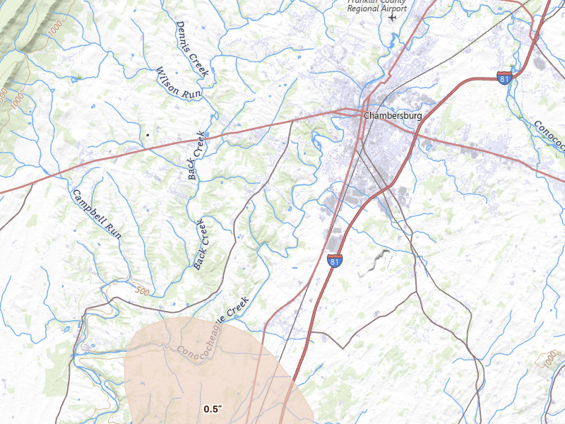 Radar-estimated hail-size map of the storm over Chambersburg, PA on Jul 28, 2026