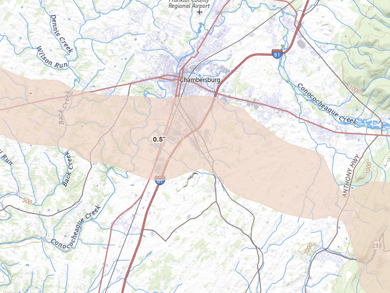 Radar-estimated hail-size map of the storm over Chambersburg, PA on Aug 10, 2026