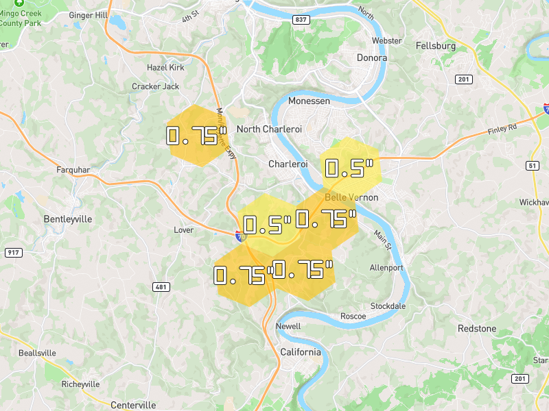 Hail map of Charleroi, PA on Jul 4, 2026, hail up to 0.75"