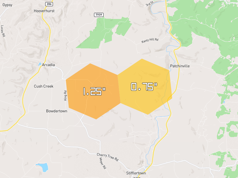 Hail map of Cherry Tree, PA on Jun 6, 2026, hail up to 1.25"