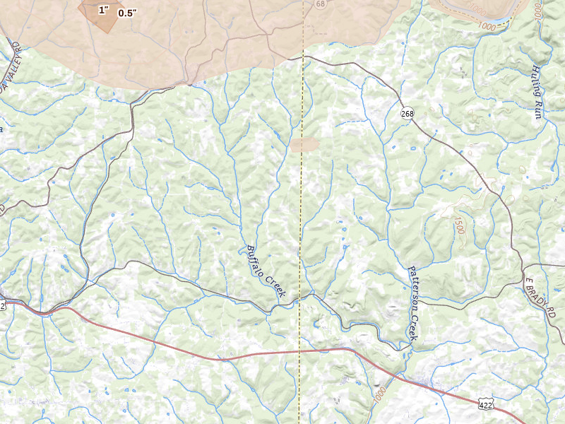Radar-estimated hail-size map of the storm over Chicora, PA on Jul 3, 2026