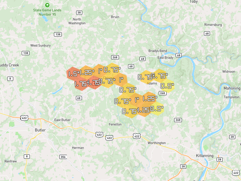 Hail map of Chicora, PA on Jul 4, 2026, hail up to 1.75"