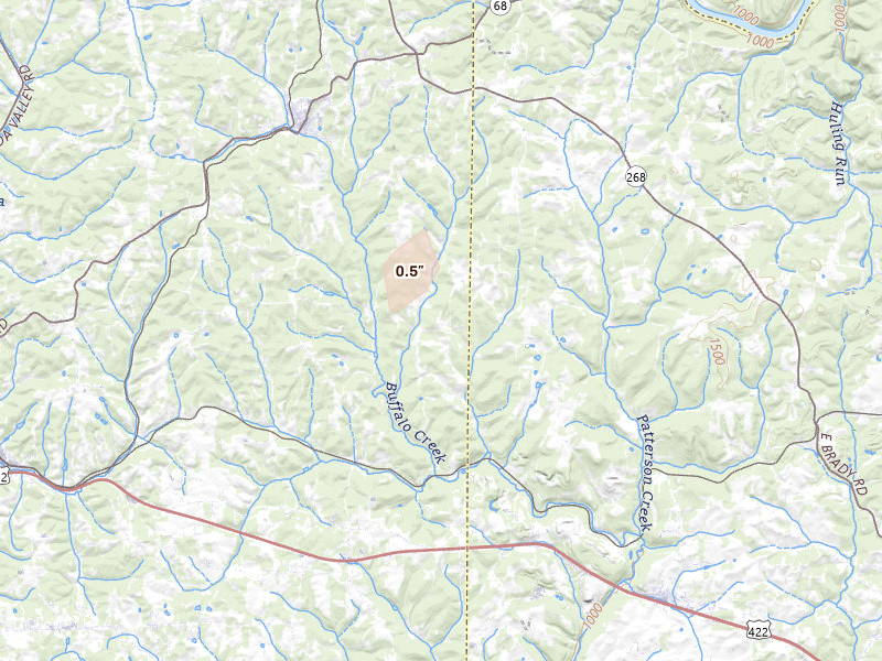 Radar-estimated hail-size map of the storm over Chicora, PA on Aug 22, 2026