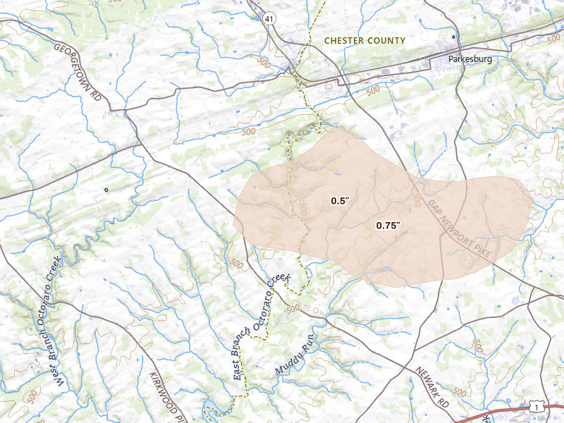 Radar-estimated hail-size map of the storm over Christiana, PA on Jul 18, 2026