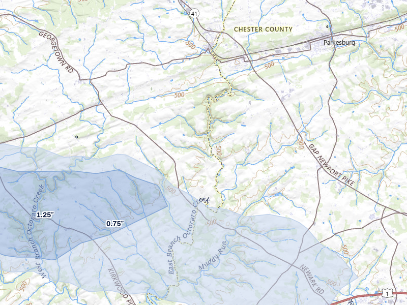 NEXRAD radar-signature map of the hail over Christiana, PA