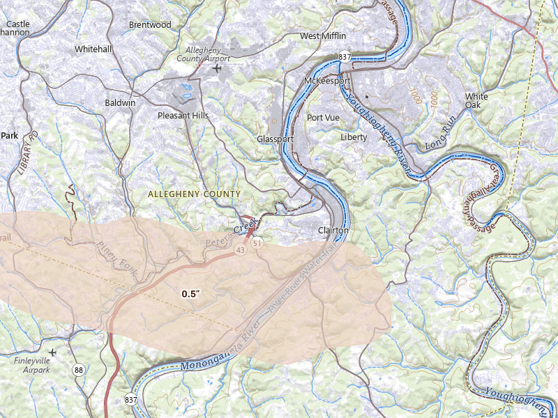 Radar-estimated hail-size map of the storm over Clairton, PA on Aug 10, 2026