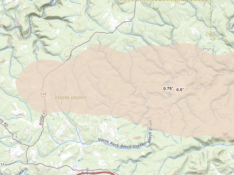 Radar-estimated hail-size map of the storm over Clarence, PA on Sep 2, 2026