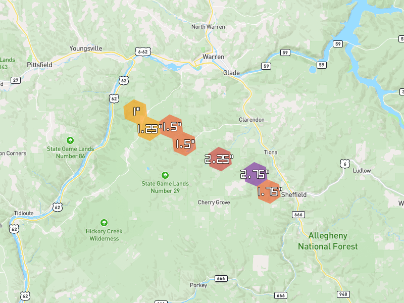 Hail map of Clarendon, PA on Jul 4, 2026, hail up to 2.75"