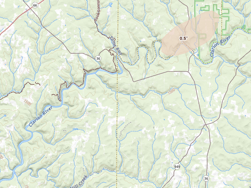 Radar-estimated hail-size map of the storm over Clarington, PA on May 13, 2026