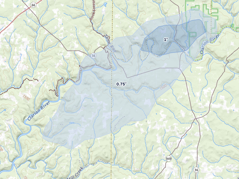 NEXRAD radar-signature map of the hail storm over Clarington, PA on May 13, 2026