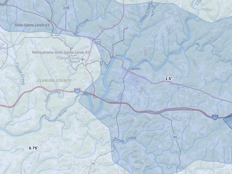 NEXRAD radar-signature map of the hail storm over Clarion, PA on Mar 22, 2026