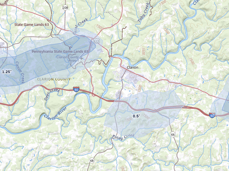 NEXRAD radar-signature map of the hail over Clarion, PA