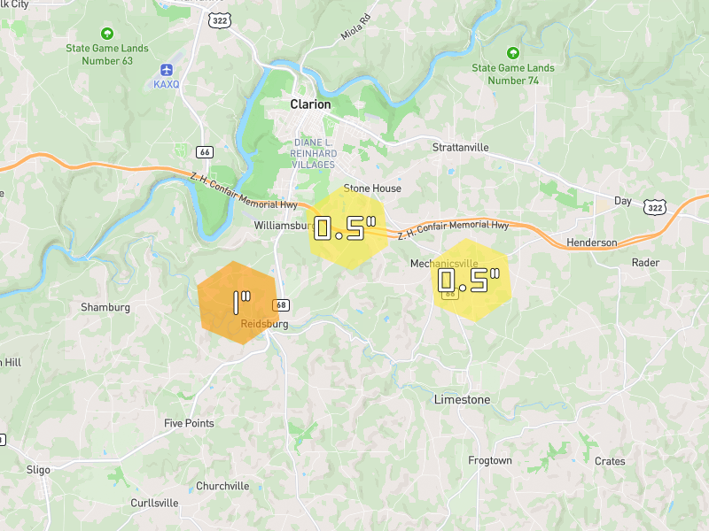Hail map of Clarion, PA on Jul 4, 2026, hail up to 1"