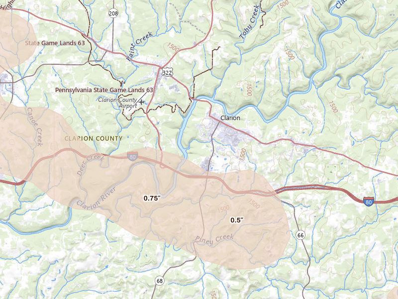 Radar-estimated hail-size map of the storm over Clarion, PA