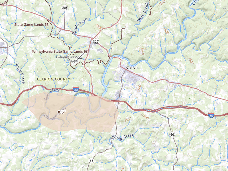 Radar-estimated hail-size map of the storm over Clarion, PA on Sep 2, 2026
