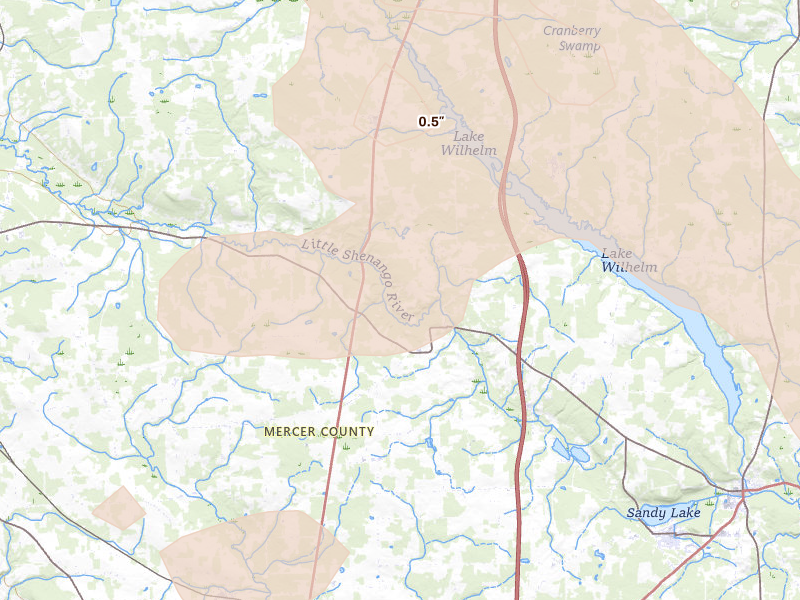 Radar-estimated hail-size map of the storm over Clarks Mills, PA on Sep 2, 2026