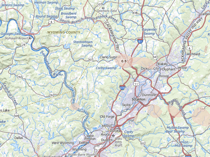 Radar-estimated hail-size map of the storm over Clarks Summit, PA on Aug 12, 2026