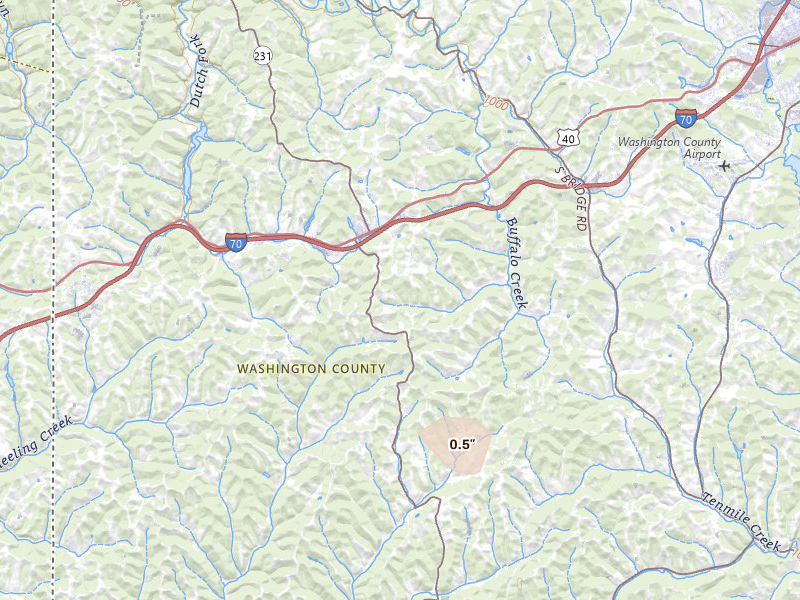 Radar-estimated hail-size map of the storm over Claysville, PA on May 13, 2026