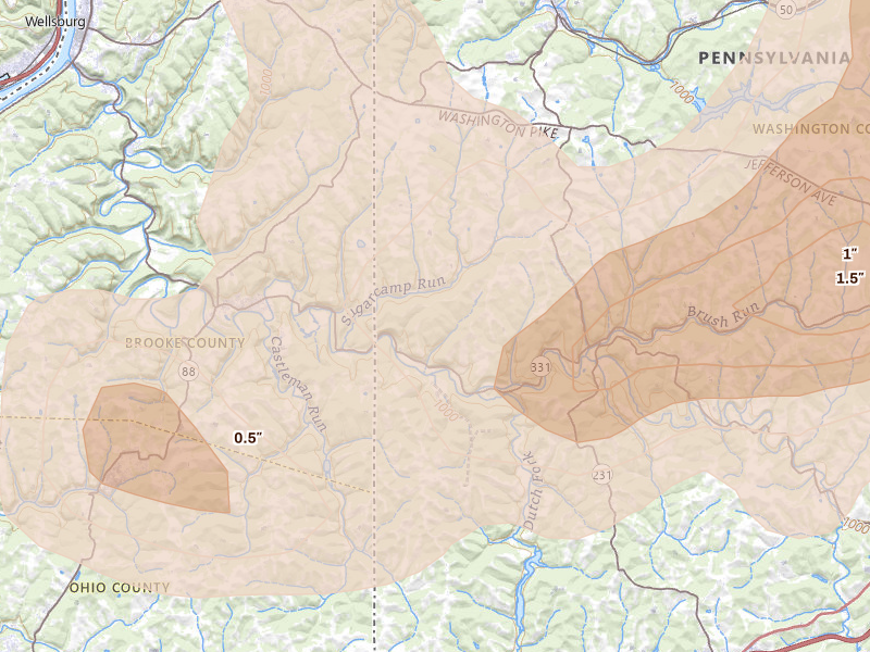 Radar-estimated hail-size map of the storm over Claysville, PA