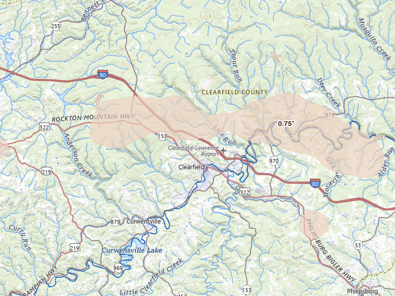 Radar-estimated hail-size map of the storm over Clearfield, PA on Jul 3, 2026
