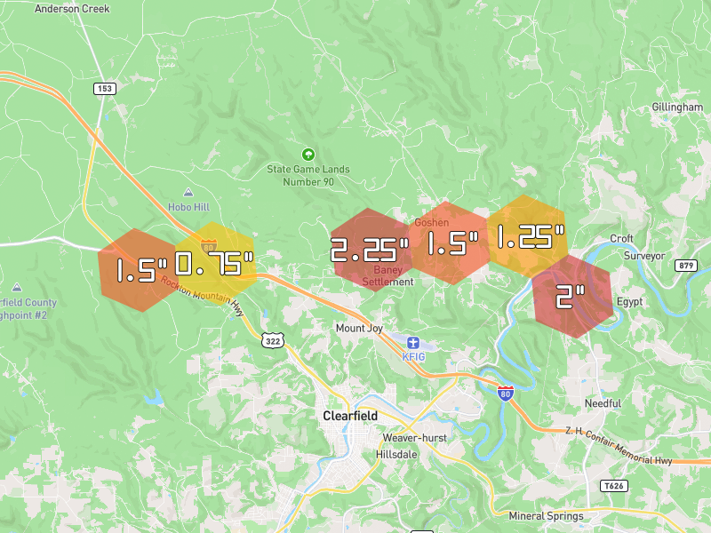 Hail map of Clearfield, PA on Jul 4, 2026, hail up to 2.25"