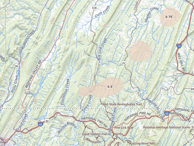 Radar-estimated hail-size map of the storm over Clearville, PA on Jul 4, 2026