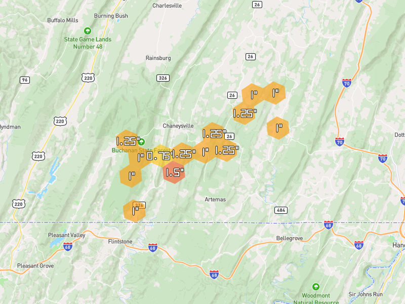 Hail map of Clearville, PA on Jul 4, 2026, hail up to 1.5"