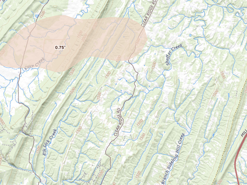 Radar-estimated hail-size map of the storm over Clearville, PA on Aug 22, 2026