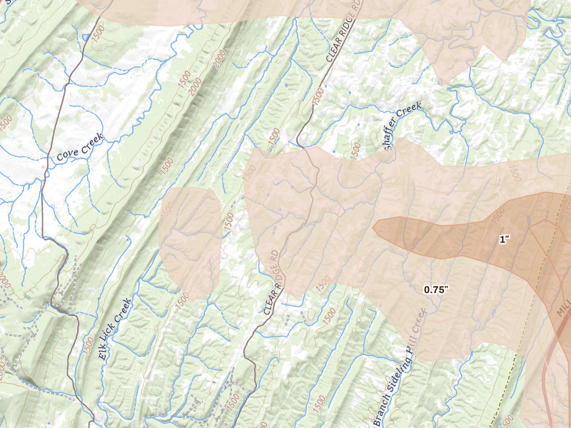 Radar-estimated hail-size map of the storm over Clearville, PA on Sep 2, 2026