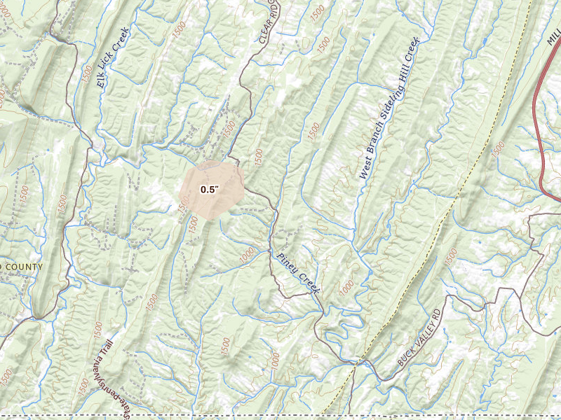 Radar-estimated hail-size map of the storm over Clearville, PA on Sep 3, 2026
