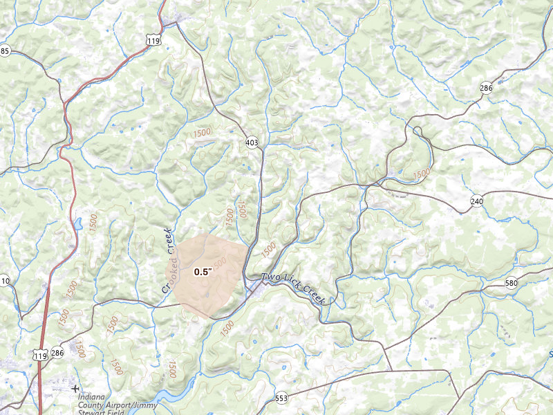 Radar-estimated hail-size map of the storm over Clymer, PA on Jul 4, 2026