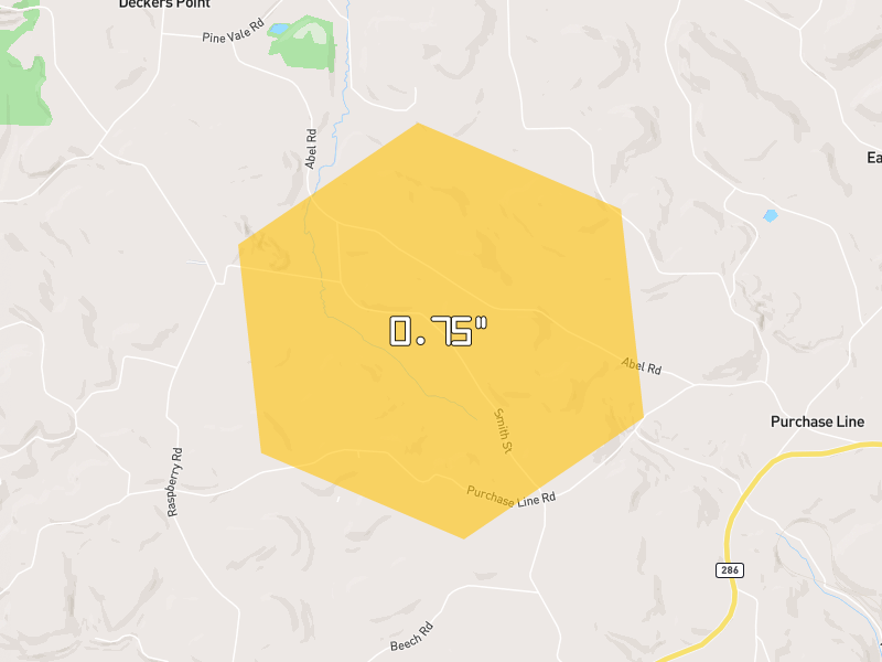 Hail map of Clymer, PA on Jul 4, 2026, hail up to 0.75"
